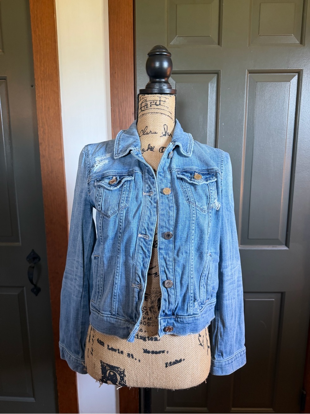 White House Black Market Light Blue Denim Jean Jacket. Distressed.striped lining